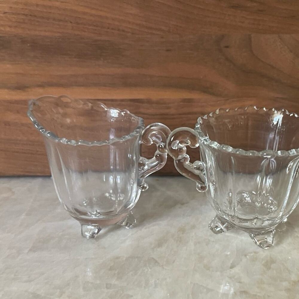 Vintage crystal  glass footed creamer and sugar set 2-1/2"